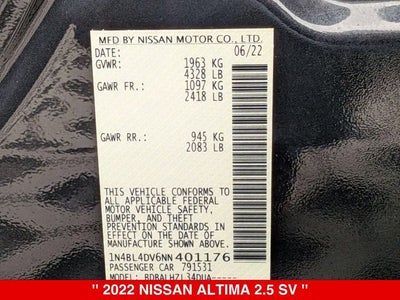 2022 Nissan Altima 2.5 SV NISSAN CERTIFIED